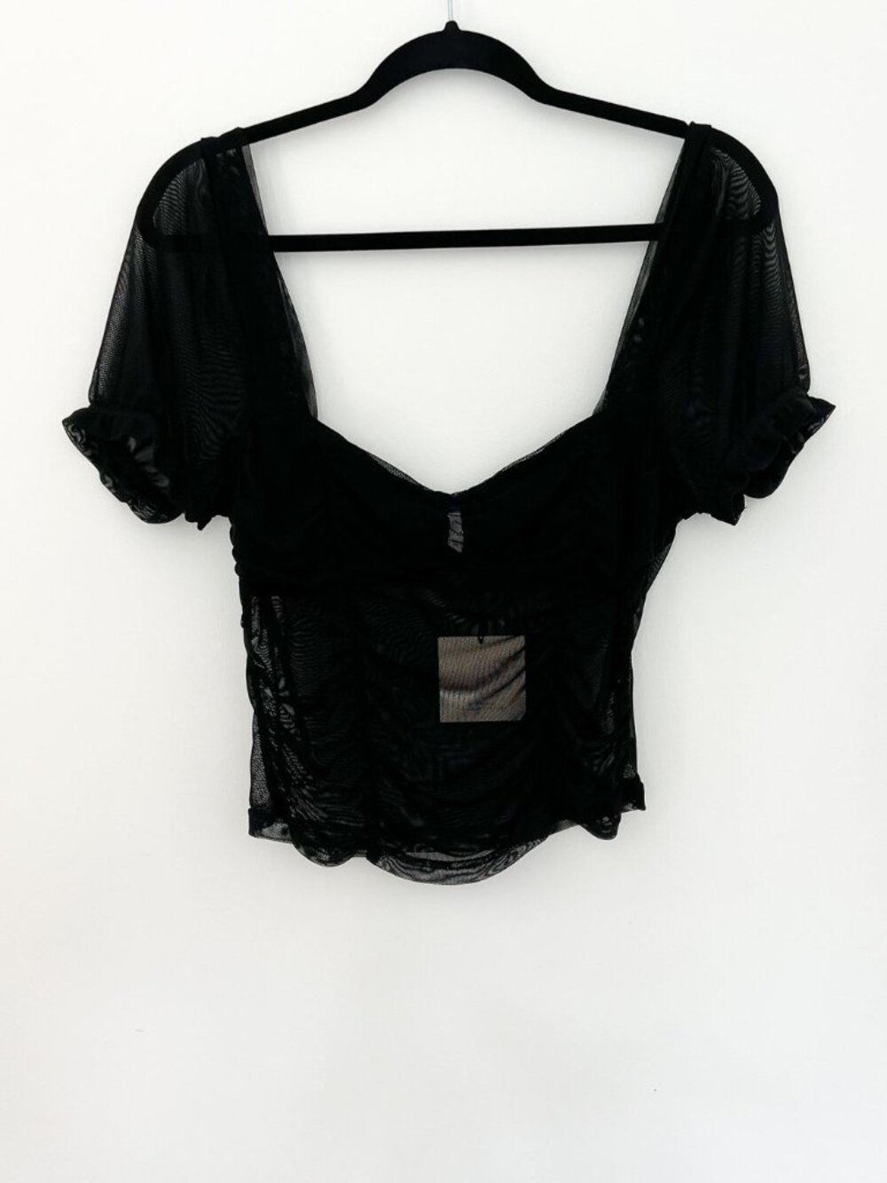 Superdown Sheer Mesh Ruched Puff Sleeve Crop Top Black NWT